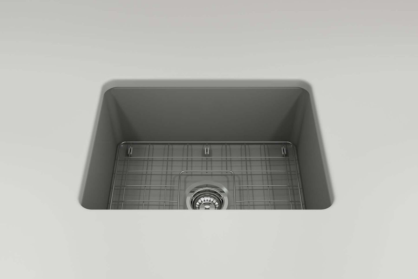BOCCHI SOTTO 24" Fireclay Dual-Mount Single Bowl Sink with Bottom Grid & Strainer in grey with stainless steel bottom grid.