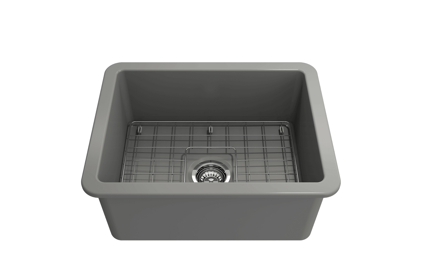 BOCCHI SOTTO 24" Fireclay Dual-Mount Single Bowl Sink with Bottom Grid & Strainer in gray finish, top view.
