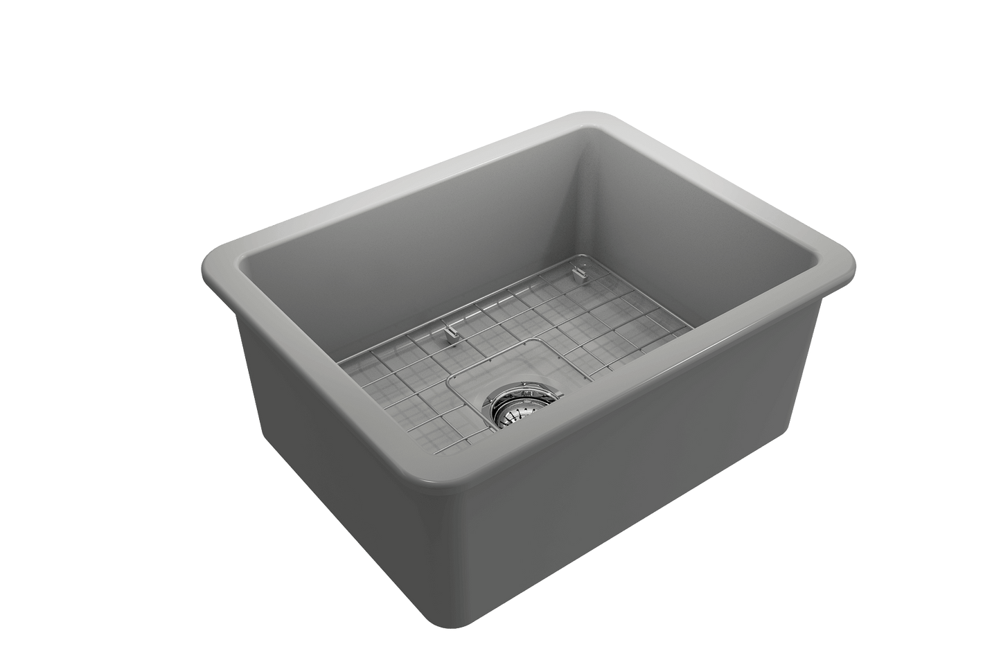 BOCCHI SOTTO 24" Fireclay Dual-Mount Single Bowl Sink with Bottom Grid & Strainer in gray finish, showcasing sleek design.