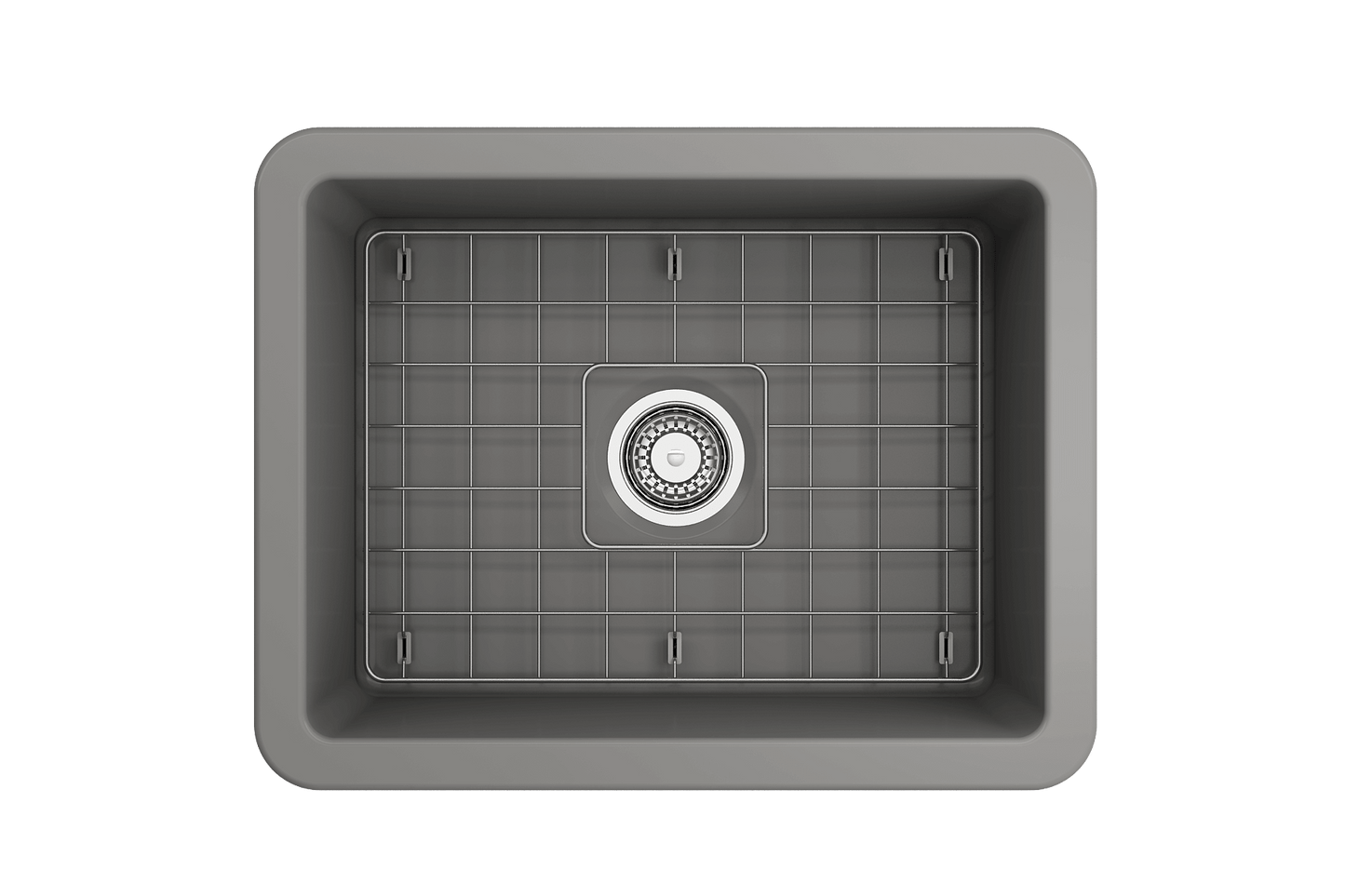 BOCCHI SOTTO 24" Fireclay Dual-Mount Single Bowl Sink with Bottom Grid & Strainer in grey color top view