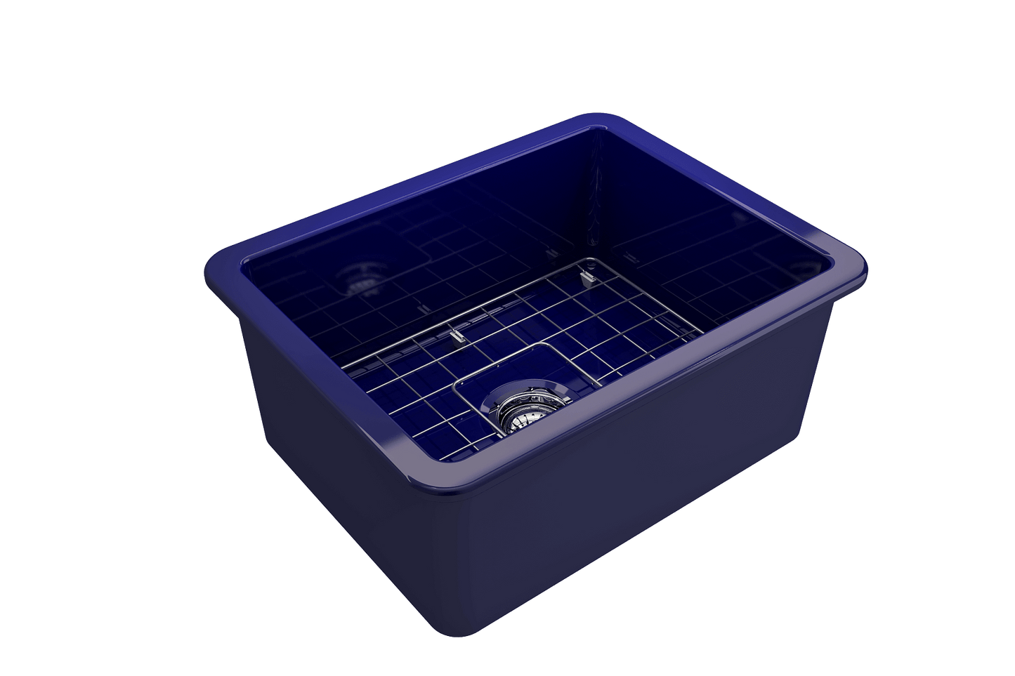 BOCCHI SOTTO 24" Fireclay Dual-Mount Single Bowl Sink with Bottom Grid & Strainer in deep blue finish.