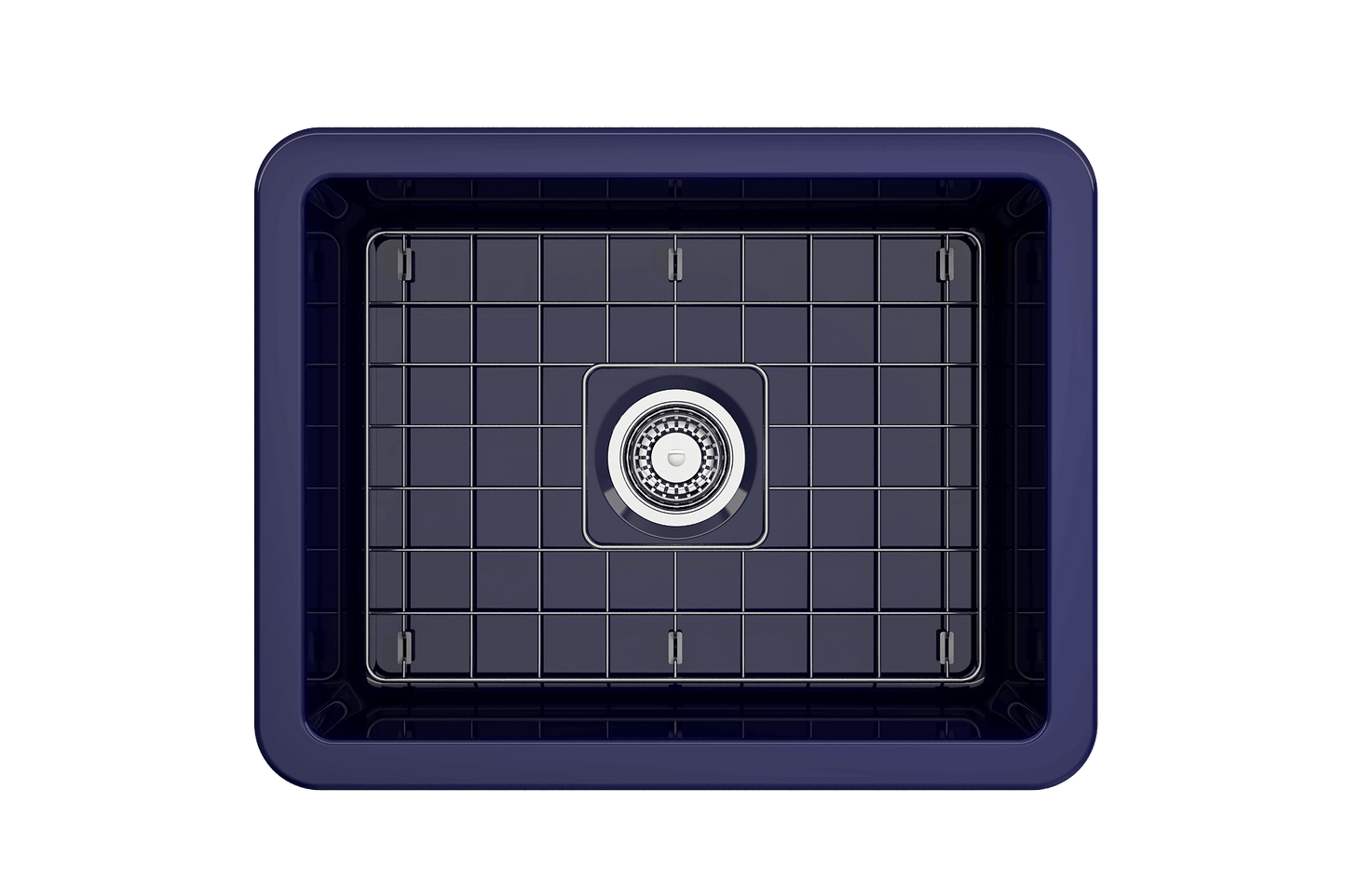 BOCCHI SOTTO 24" Fireclay Dual-Mount Single Bowl Sink with Bottom Grid & Strainer in deep navy finish view from above.