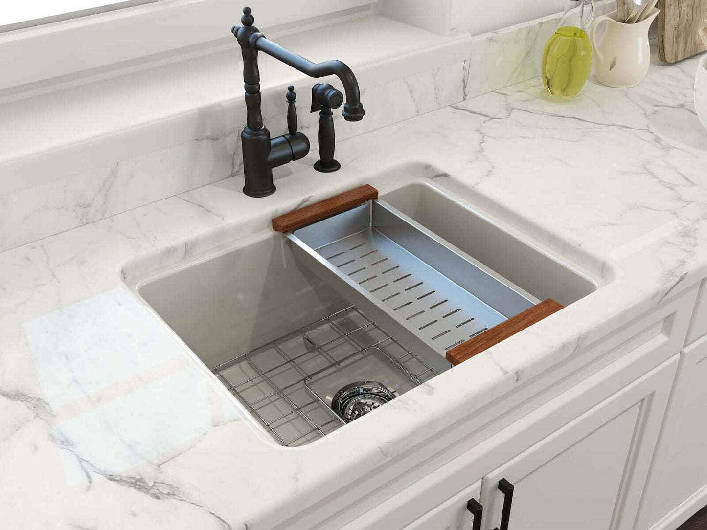 BOCCHI SOTTO 24" Fireclay Dual-Mount Single Bowl Sink with Bottom Grid & Strainer in a modern kitchen setting with marble countertop.