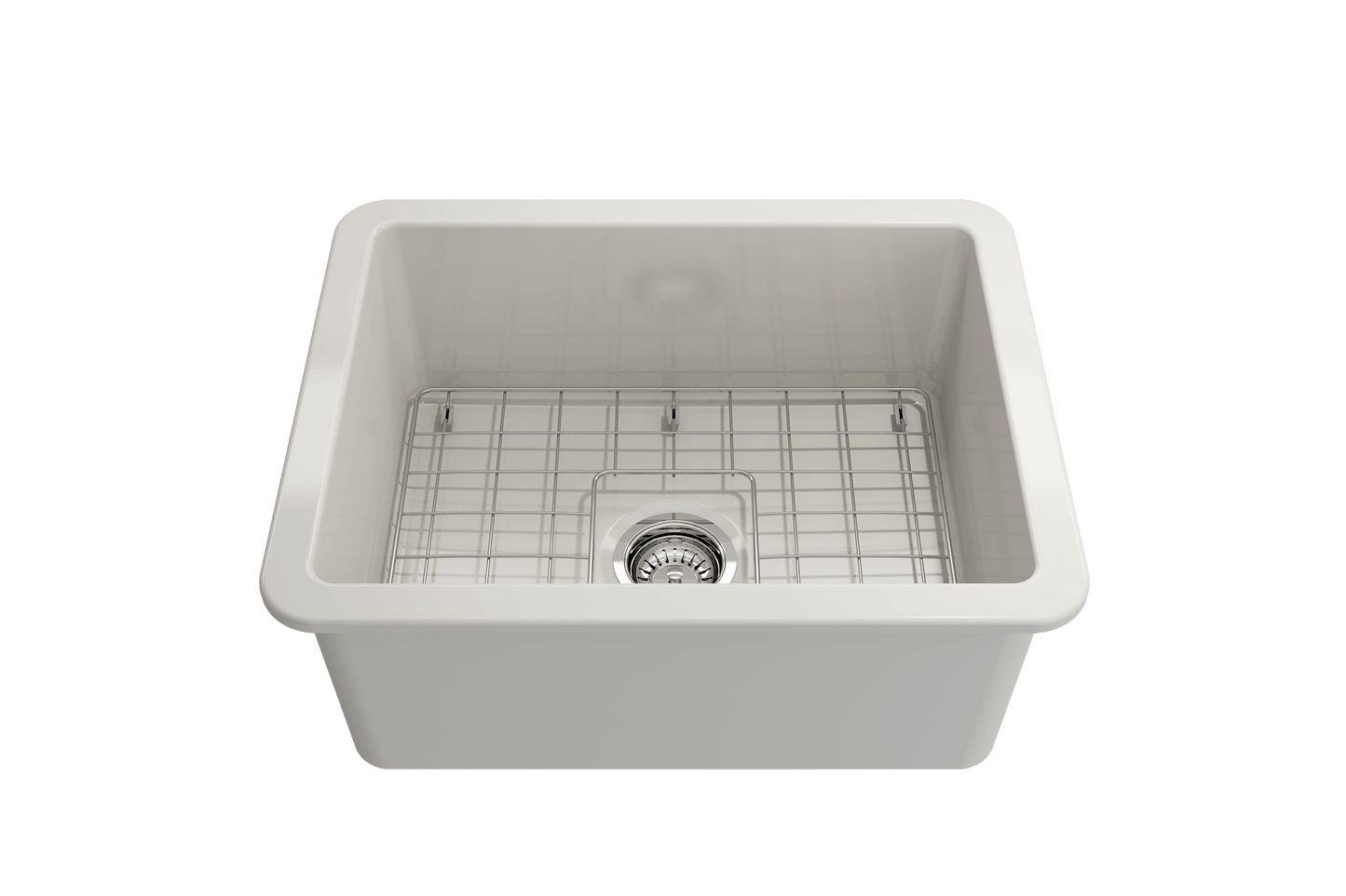 BOCCHI SOTTO 24" Fireclay Dual-Mount Single Bowl Sink with Bottom Grid & Strainer in white with grid and strainer.