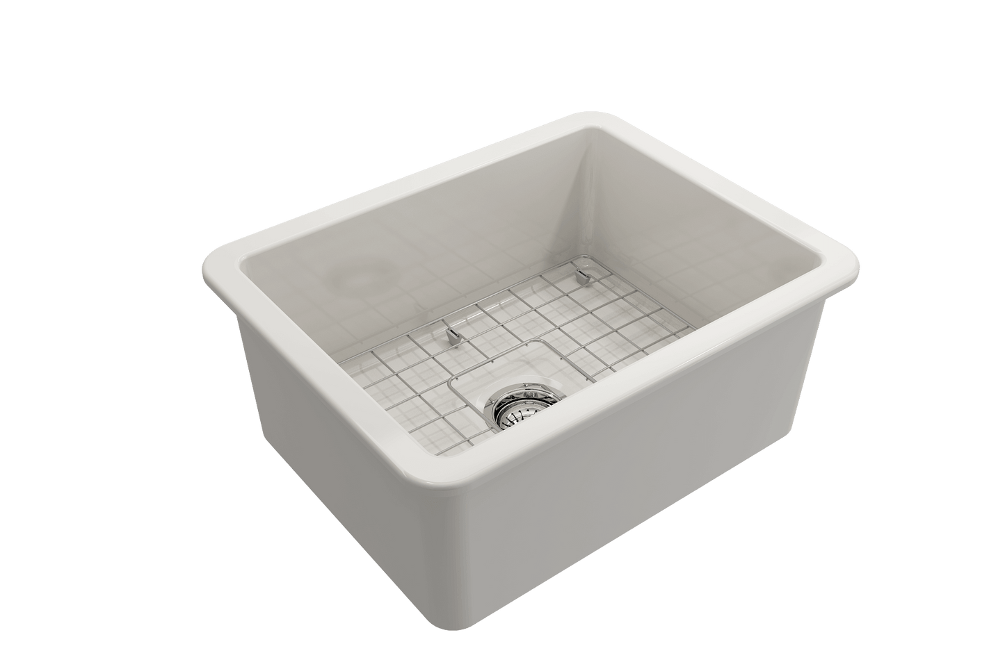 BOCCHI SOTTO 24" Fireclay Dual-Mount Single Bowl Sink with Bottom Grid & Strainer in white finish.