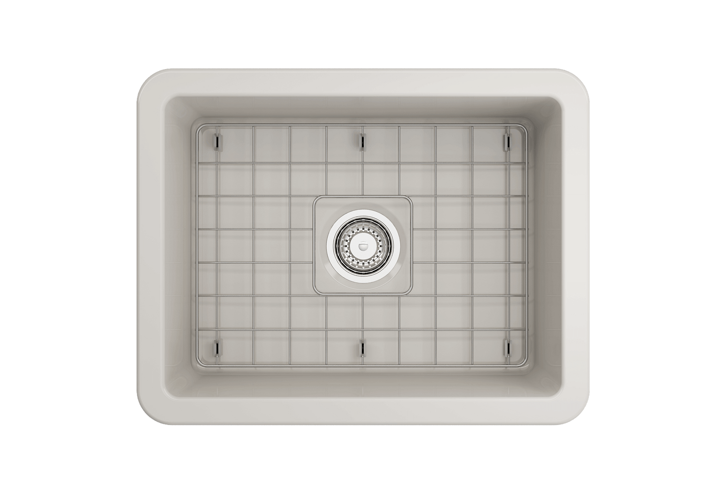 BOCCHI SOTTO 24" Fireclay Dual-Mount Single Bowl Sink with Bottom Grid & Strainer, top view, natural finish, compact design.