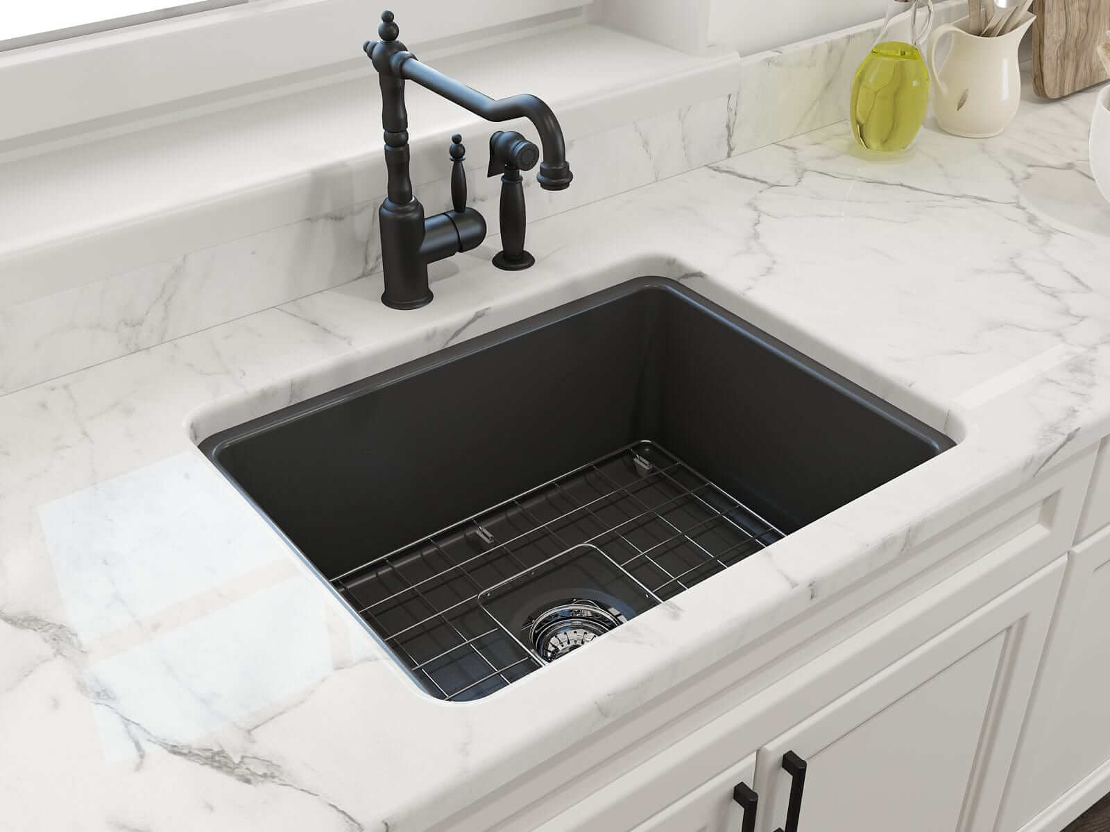 BOCCHI SOTTO 24" Fireclay Dual-Mount Single Bowl Kitchen Sink with Protective Bottom Grid and Strainer