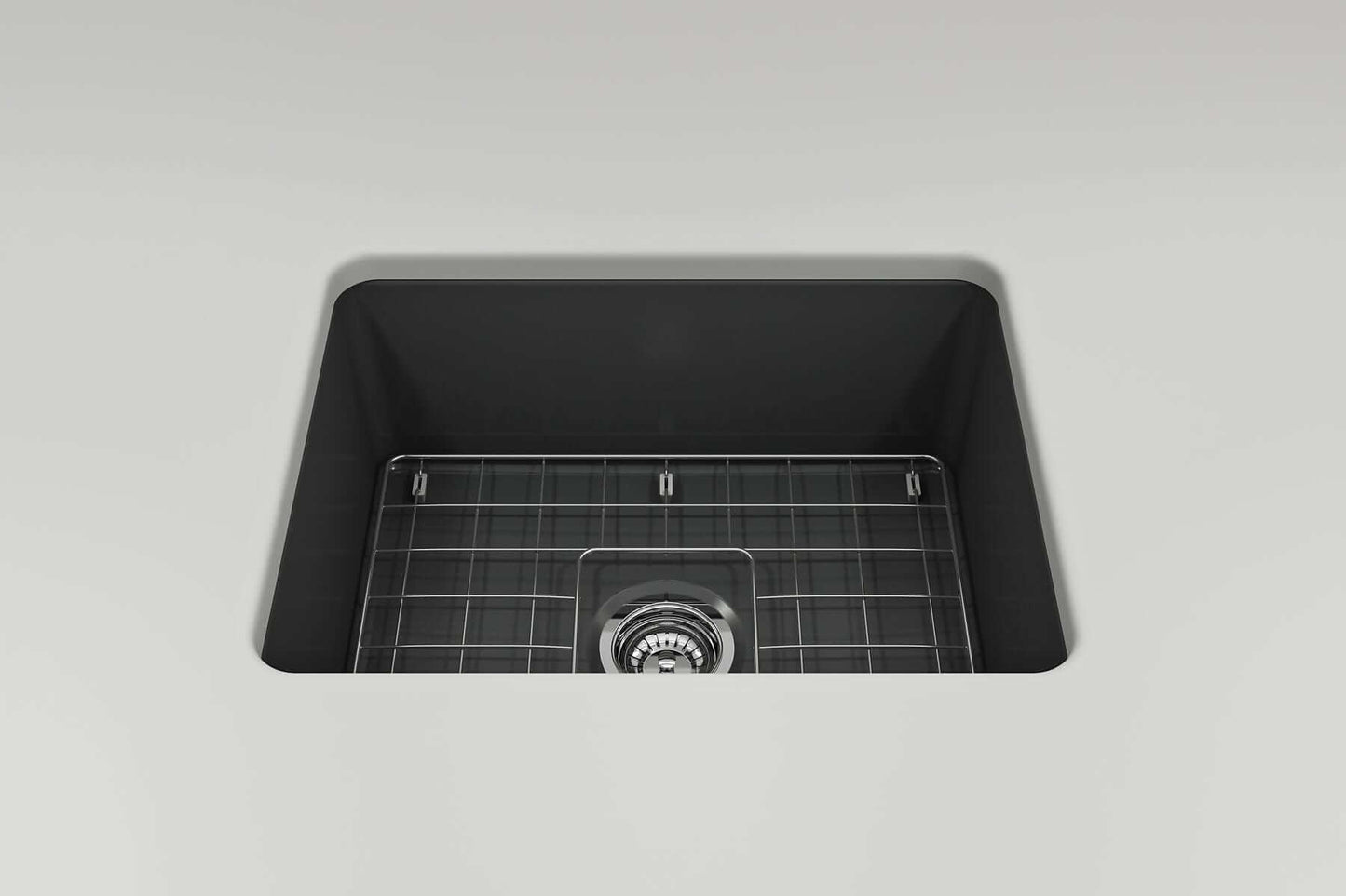 BOCCHI SOTTO 24" Fireclay Dual-Mount Single Bowl Sink with Bottom Grid & Strainer, top view showing premium fireclay design and grid.