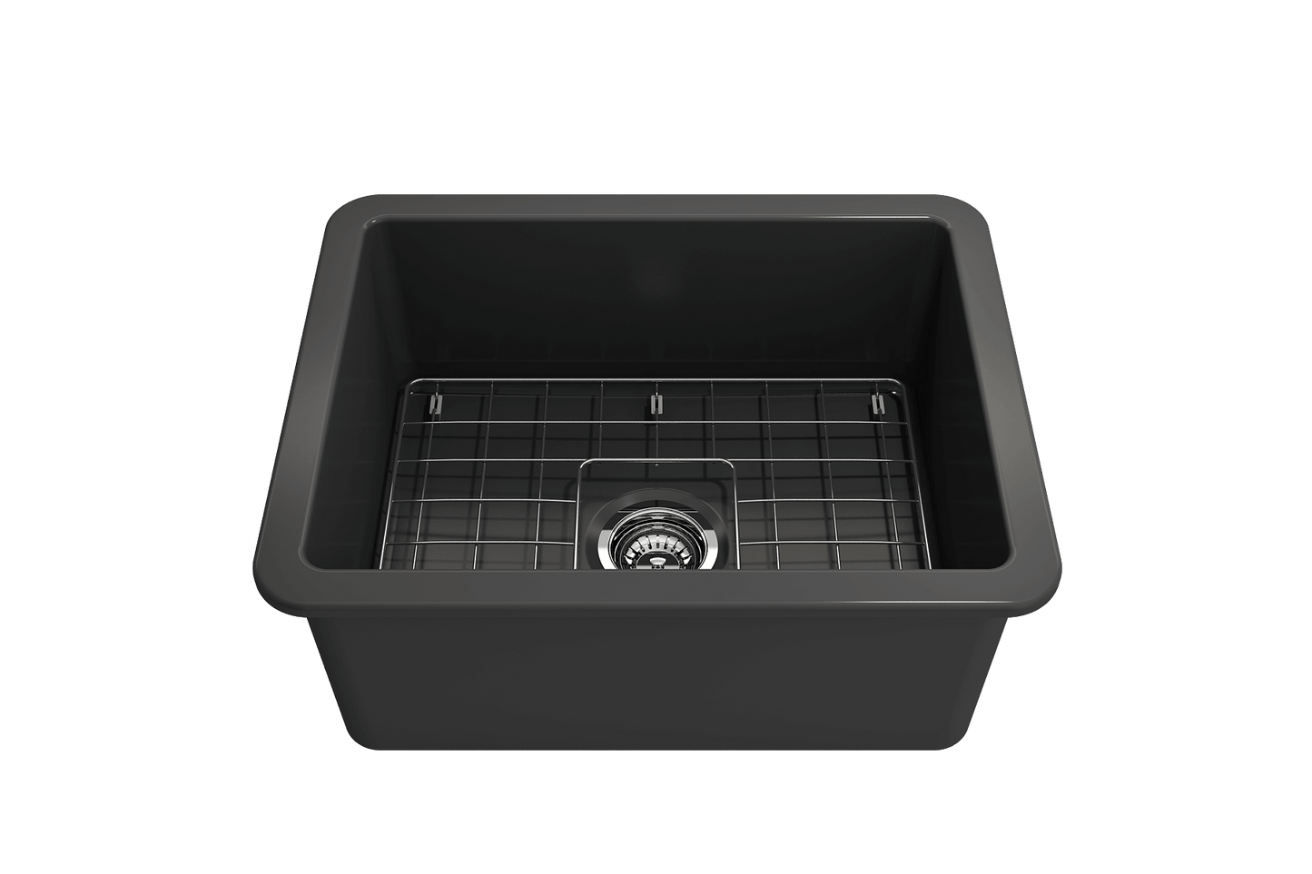 BOCCHI SOTTO 24" Fireclay Dual-Mount Single Bowl Sink with Bottom Grid & Strainer in matte black finish.