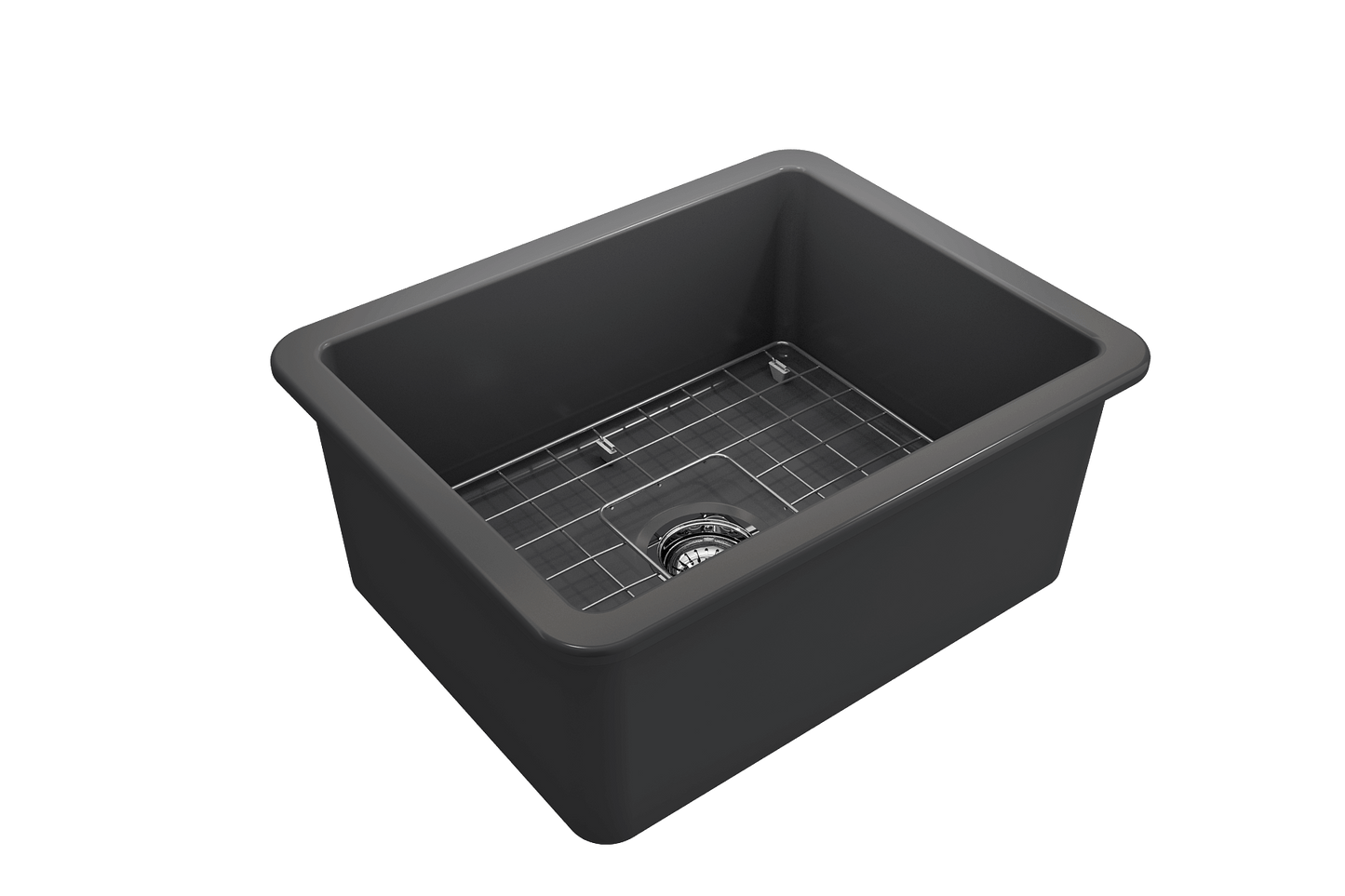 BOCCHI SOTTO 24" Fireclay Dual-Mount Single Bowl Sink with Bottom Grid & Strainer in sleek black finish.