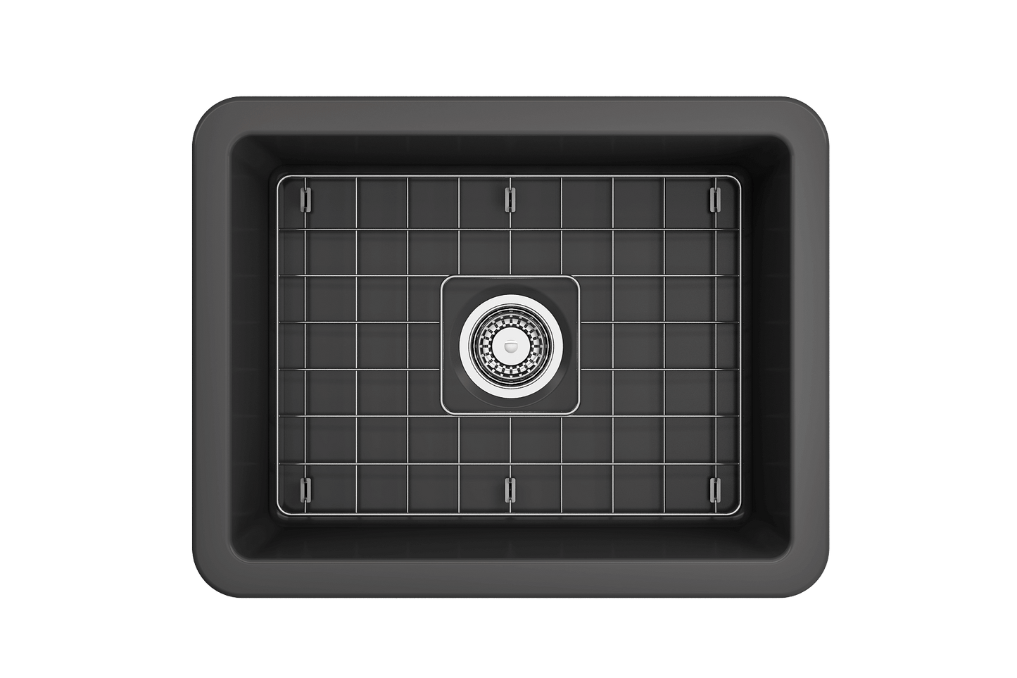 BOCCHI SOTTO 24" Fireclay Dual-Mount Single Bowl Sink with Bottom Grid & Strainer in sleek black finish.