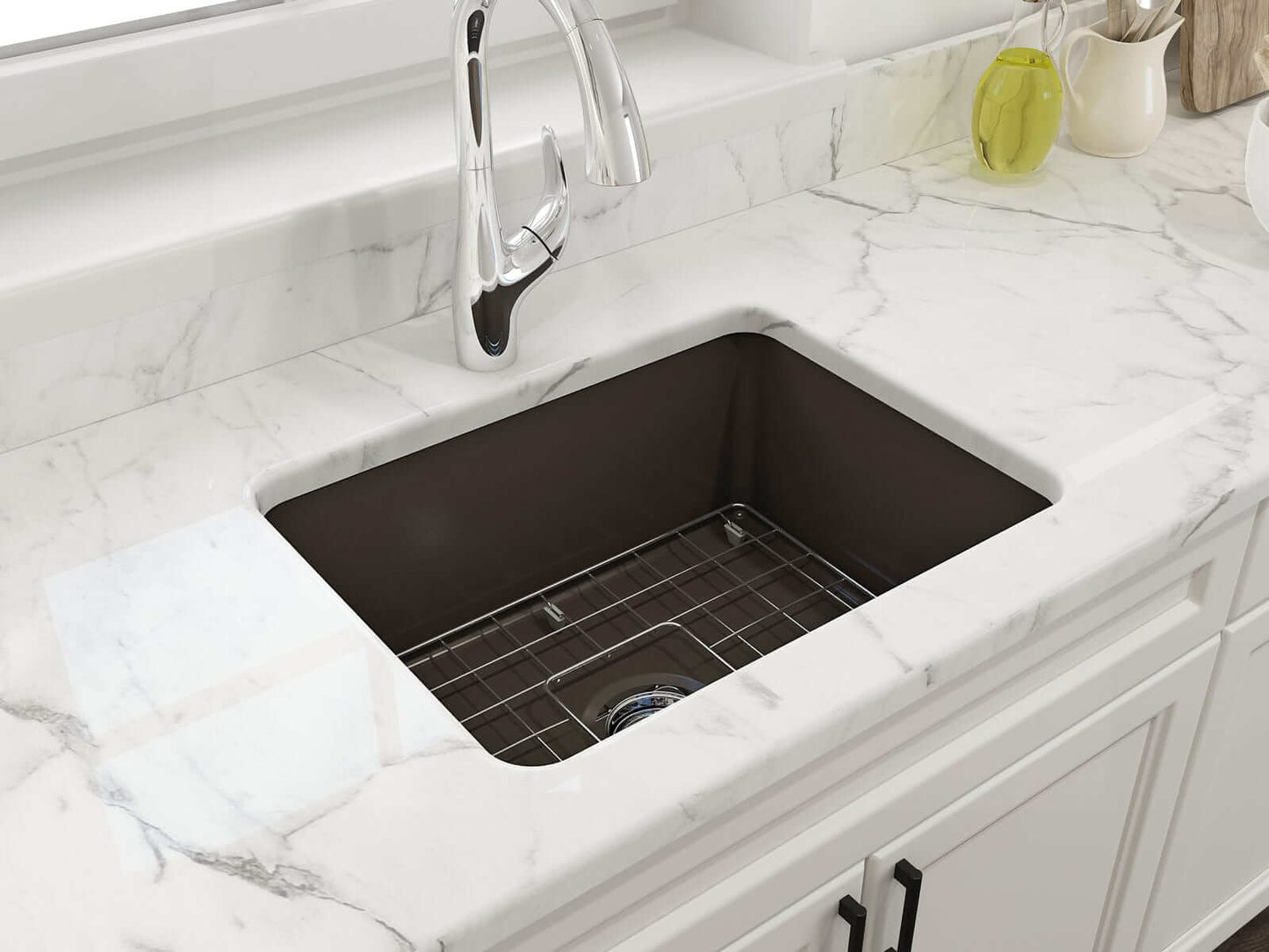 BOCCHI SOTTO 24" Fireclay Dual-Mount Single Bowl Sink with Bottom Grid & Strainer in Matte Brown installed in a modern kitchen countertop.