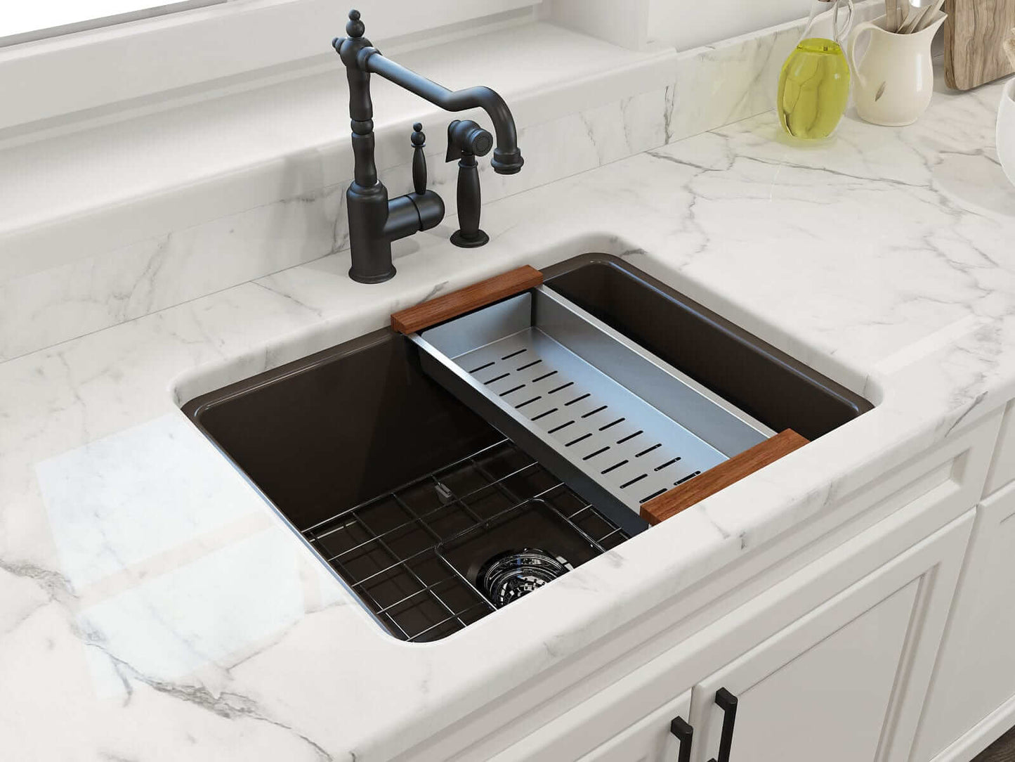 BOCCHI SOTTO 24" Fireclay Dual-Mount Single Bowl Sink with Bottom Grid & Strainer and wooden sink accessories in kitchen.
