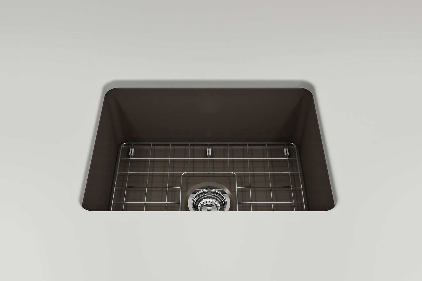 BOCCHI SOTTO 24" Fireclay Dual-Mount Single Bowl Sink with Bottom Grid & Strainer in black fireclay finish, top view with grid.