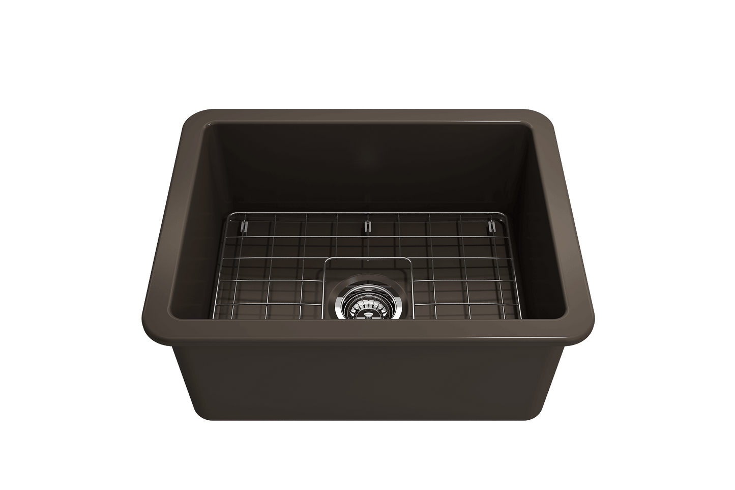 BOCCHI SOTTO 24" Fireclay Dual-Mount Single Bowl Sink with Bottom Grid & Strainer in dark brown finish.