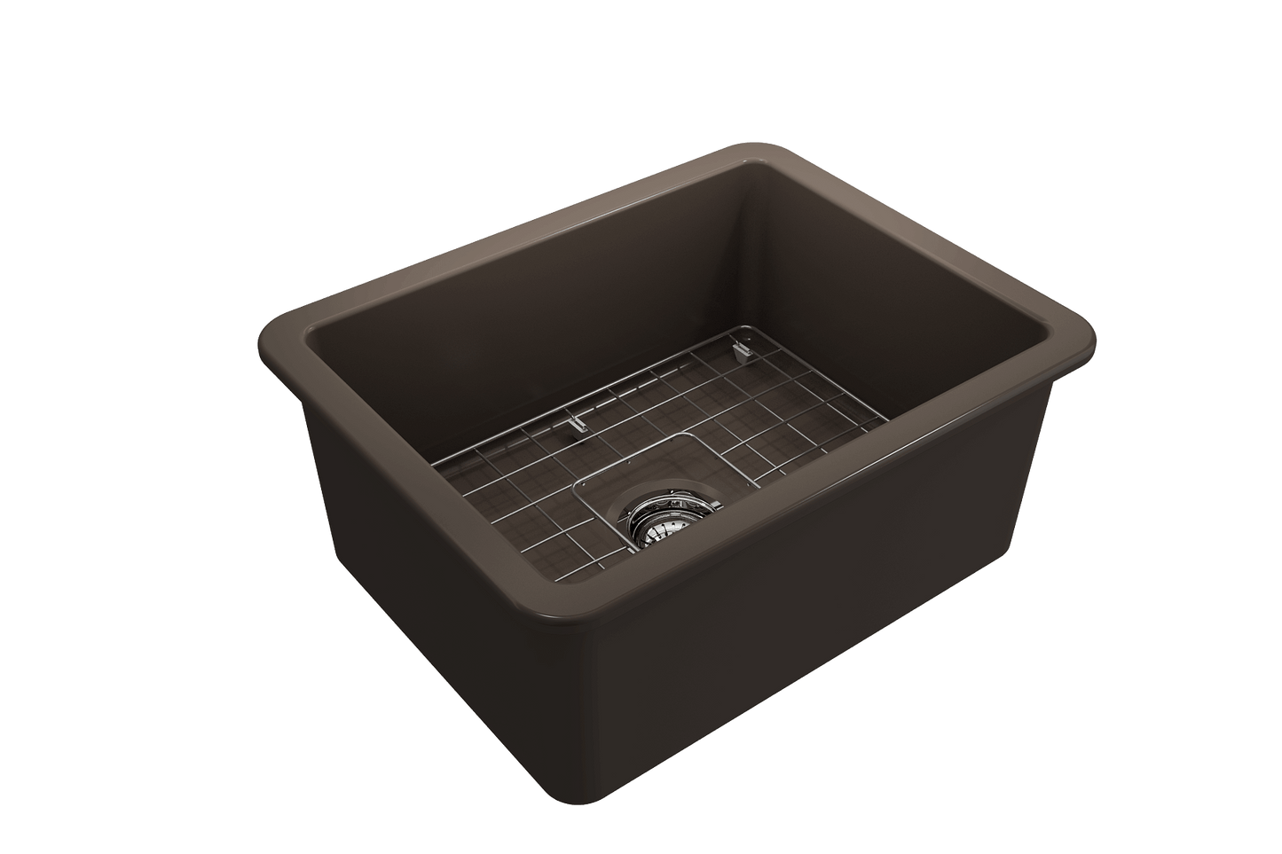 BOCCHI SOTTO 24" Fireclay Dual-Mount Single Bowl Sink with Bottom Grid & Strainer in brown finish