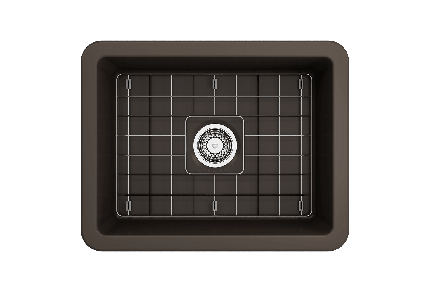 BOCCHI SOTTO 24" Fireclay Dual-Mount Single Bowl Sink with Bottom Grid & Strainer in rich brown finish.