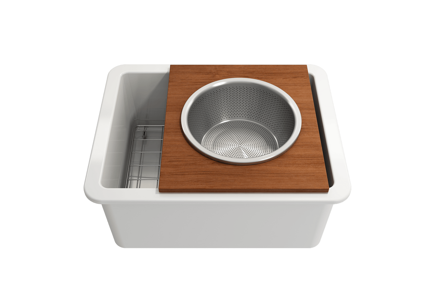BOCCHI Prep Board Set for Workstation Sinks - Round SS Mixing Bowl & Colander - 2320 0015 in a kitchen sink setup