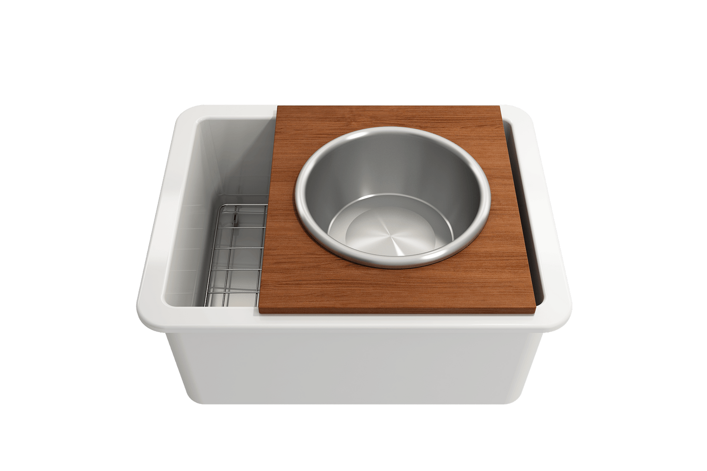 BOCCHI Prep Board Set for Workstation Sinks - Round SS Mixing Bowl & Colander - 2320 0015 on a workstation sink.
