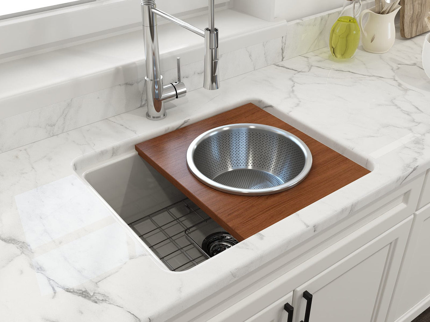 BOCCHI Prep Board Set for Workstation Sinks - Round SS Mixing Bowl & Colander - 2320 0015 in a kitchen sink