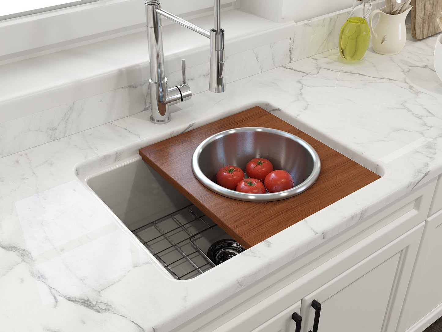 BOCCHI Prep Board Set for Workstation Sinks - Round SS Mixing Bowl & Colander - 2320 0015 displayed in kitchen sink with tomatoes.