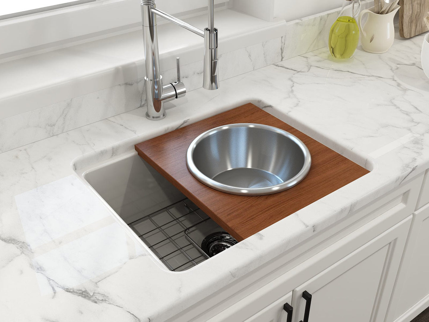 BOCCHI Prep Board Set for Workstation Sinks - Round SS Mixing Bowl & Colander - 2320 0015 with hardwood board and sink.