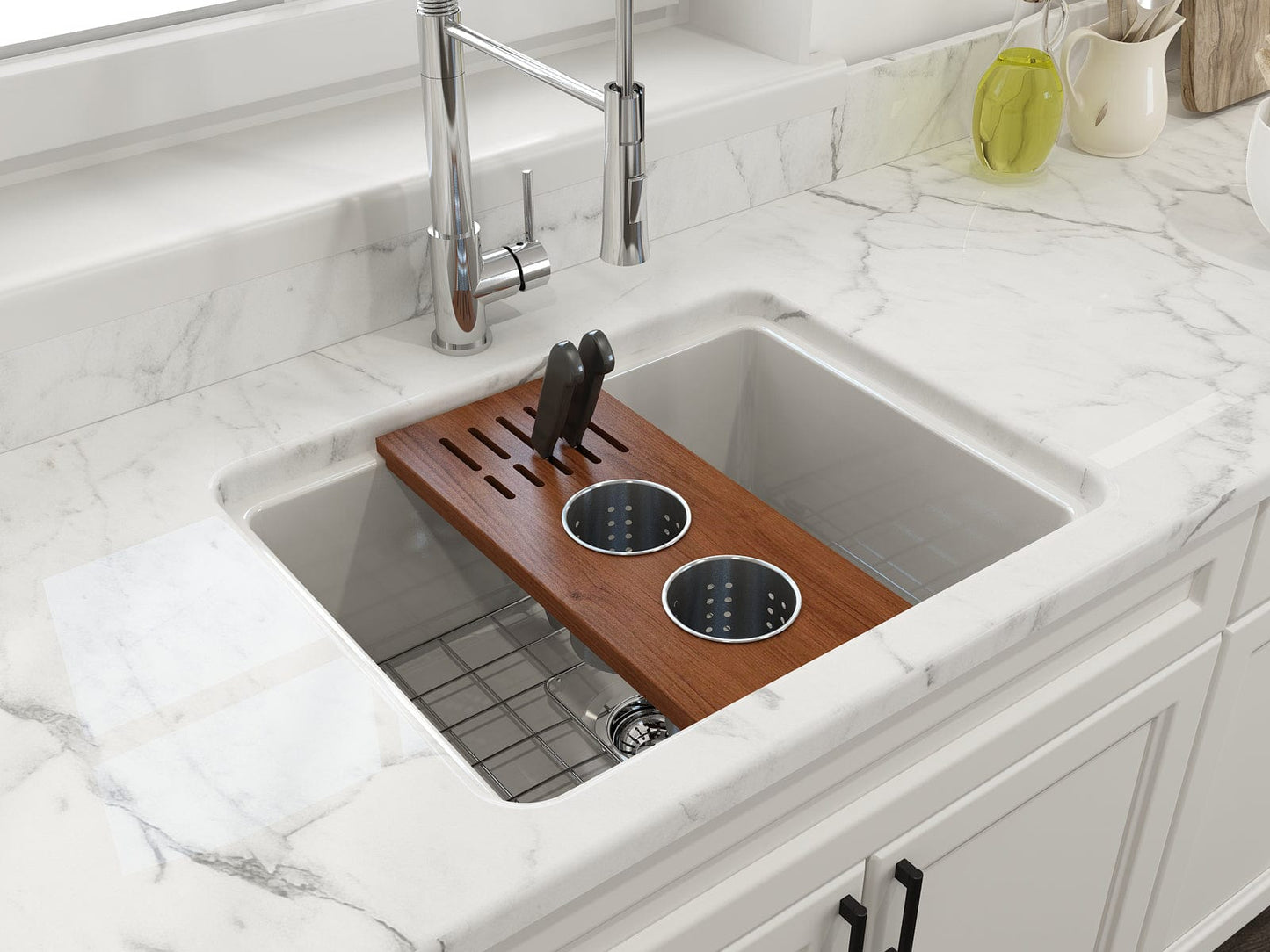 BOCCHI Workstation Prep Board Set - 2 Round Stainless Steel Colanders & Knife Holder 2320 0009 in elegant wood finish.