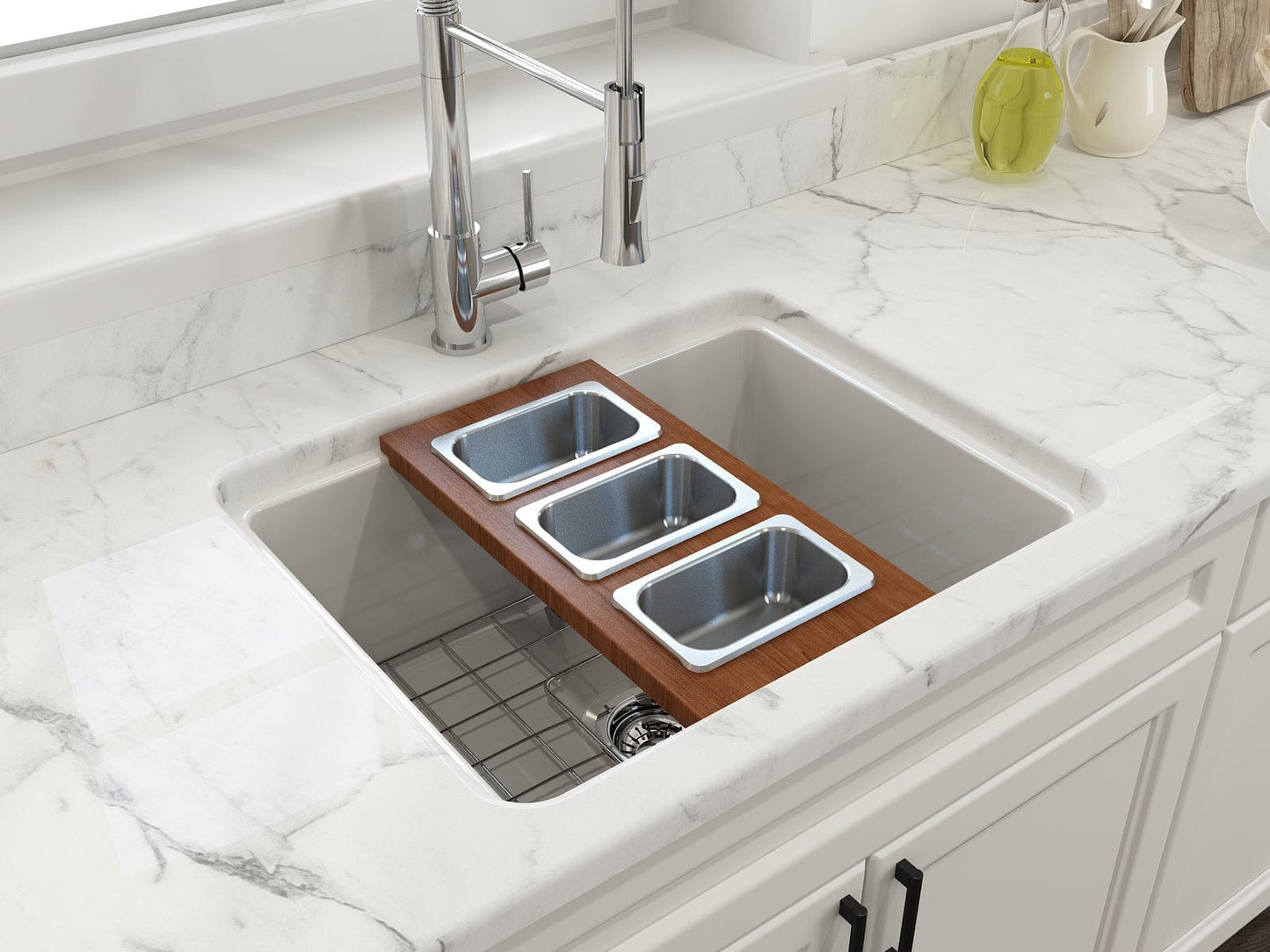 Bocchi Wood Board for Workstation Sinks - with 3 Rectangular Stainless Steel Bowls - 2320 0013 in a kitchen sink.