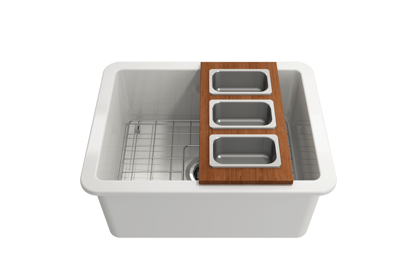 Bocchi Wood Board for Workstation Sinks - with 3 Rectangular Stainless Steel Bowls - 2320 0013 on sink