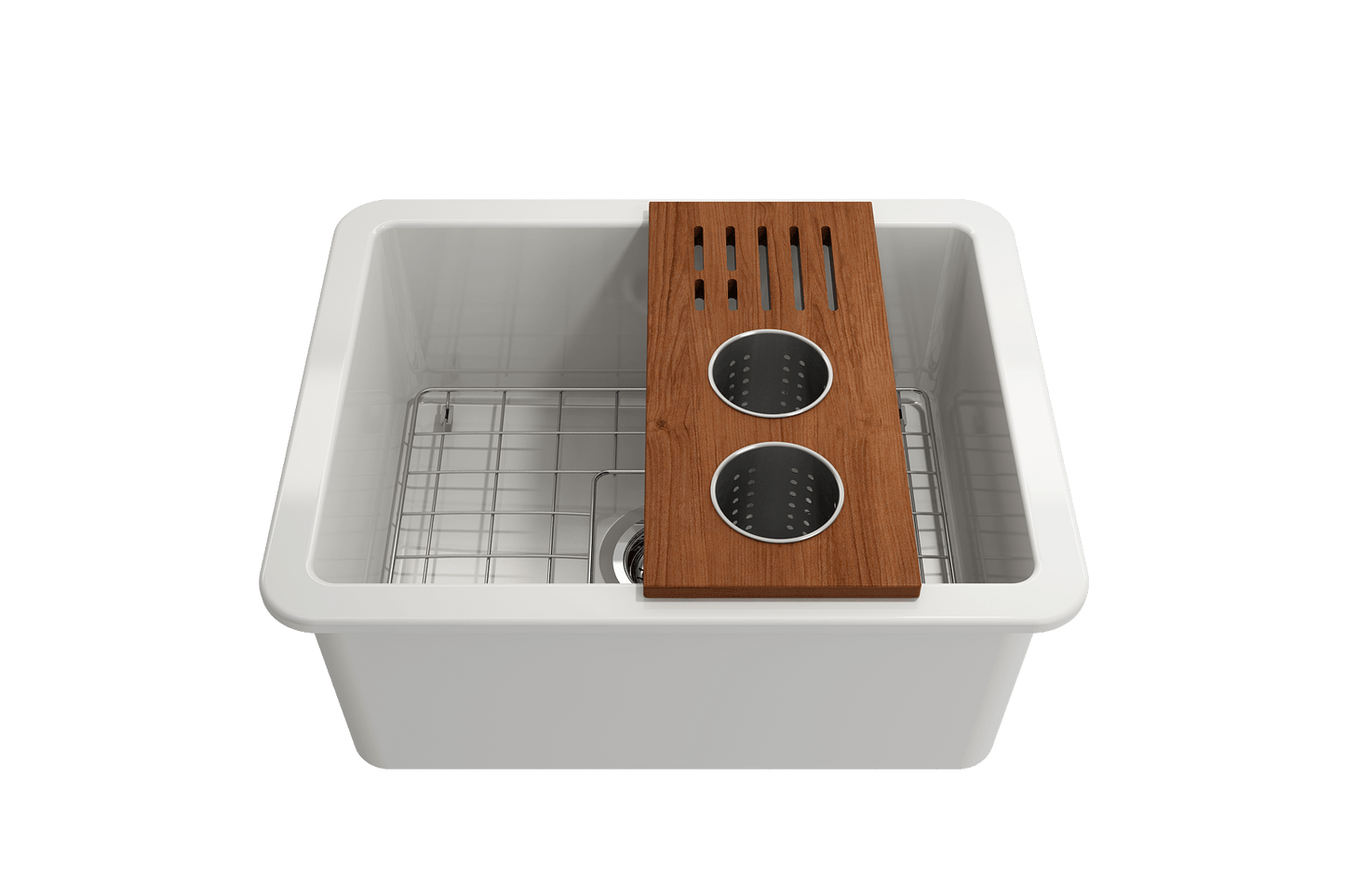 BOCCHI Workstation Prep Board Set - 2 Round Stainless Steel Colanders & Knife Holder 2320 0009 placed over a white sink.