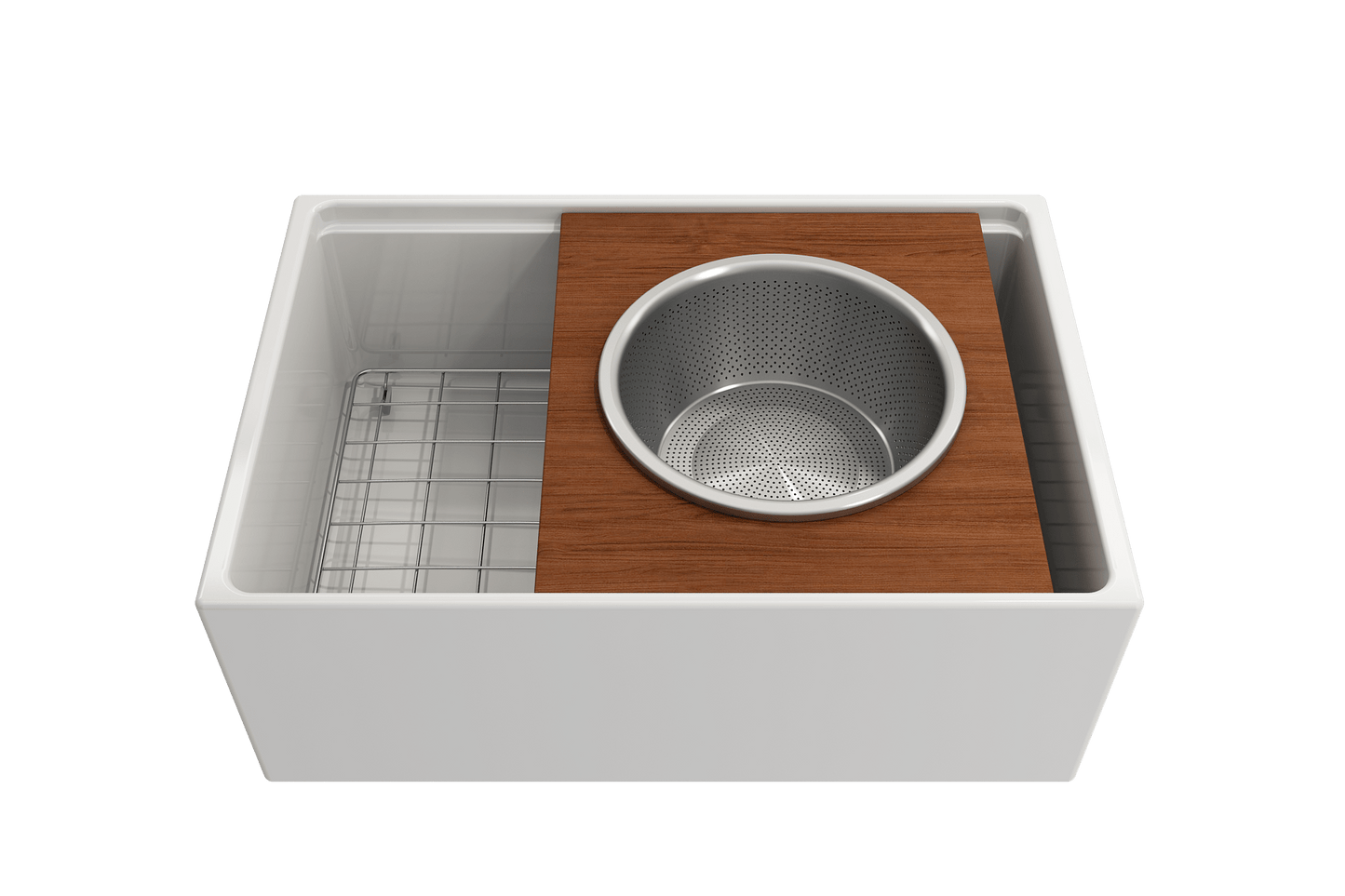 BOCCHI Prep Board Set for Workstation Sinks - Round SS Mixing Bowl & Colander - 2320 0015 displayed in a kitchen sink.