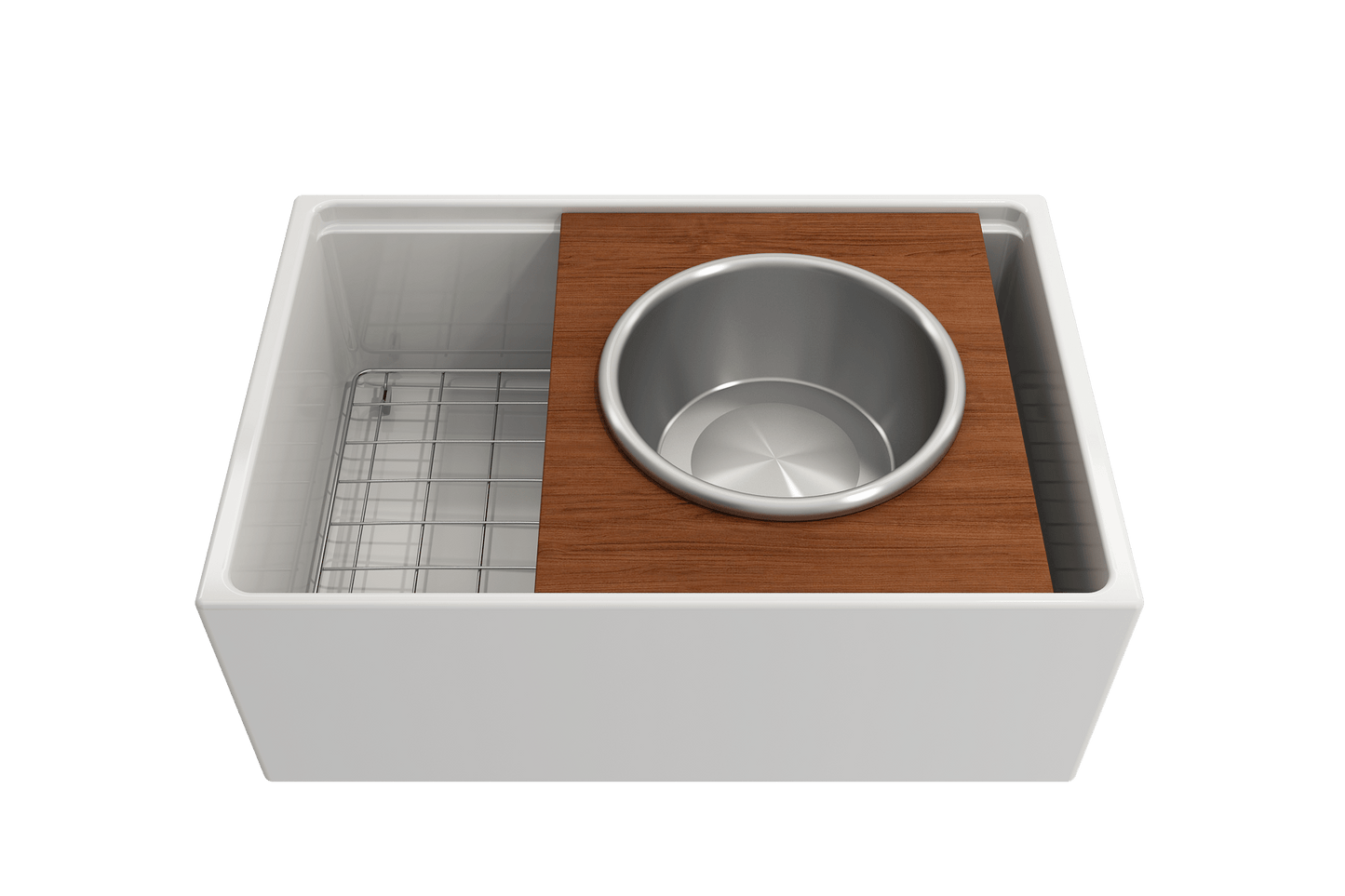 BOCCHI Prep Board Set for Workstation Sinks - Round SS Mixing Bowl & Colander - 2320 0015 in kitchen sink setting.