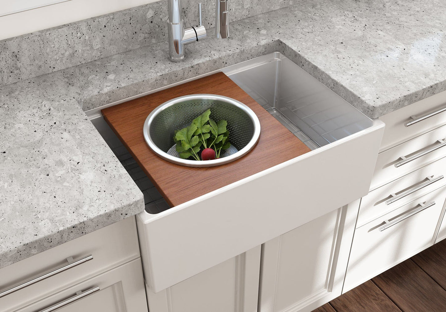 BOCCHI Prep Board Set for Workstation Sinks - Round SS Mixing Bowl & Colander - 2320 0015 in kitchen sink with vegetables.