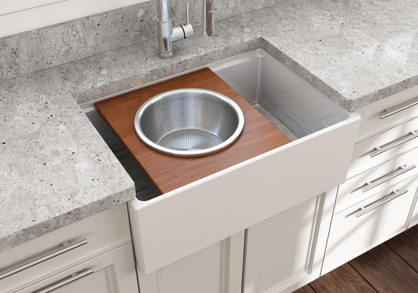 BOCCHI Prep Board Set for Workstation Sinks - Round SS Mixing Bowl & Colander - 2320 0015 on a kitchen sink.