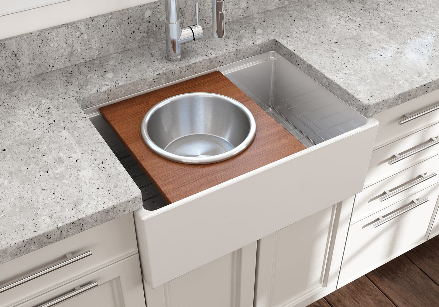 BOCCHI Prep Board Set for Workstation Sinks - Round SS Mixing Bowl & Colander - 2320 0015 in a kitchen sink setting.
