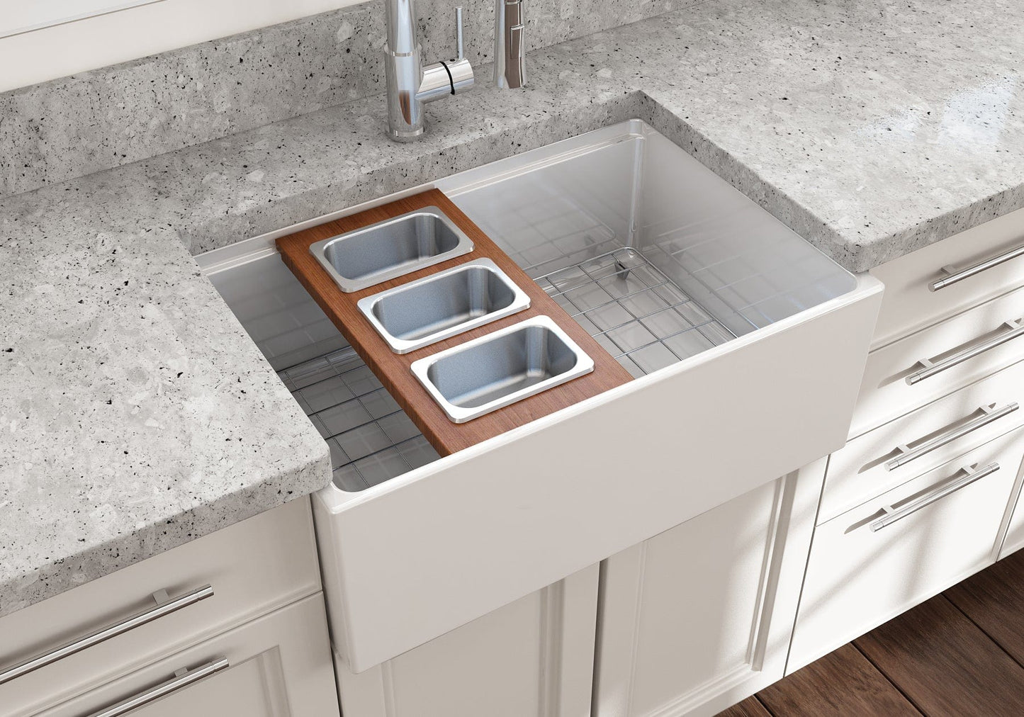 Bocchi Wood Board for Workstation Sinks - with 3 Rectangular Stainless Steel Bowls - 2320 0013 in a modern kitchen sink.