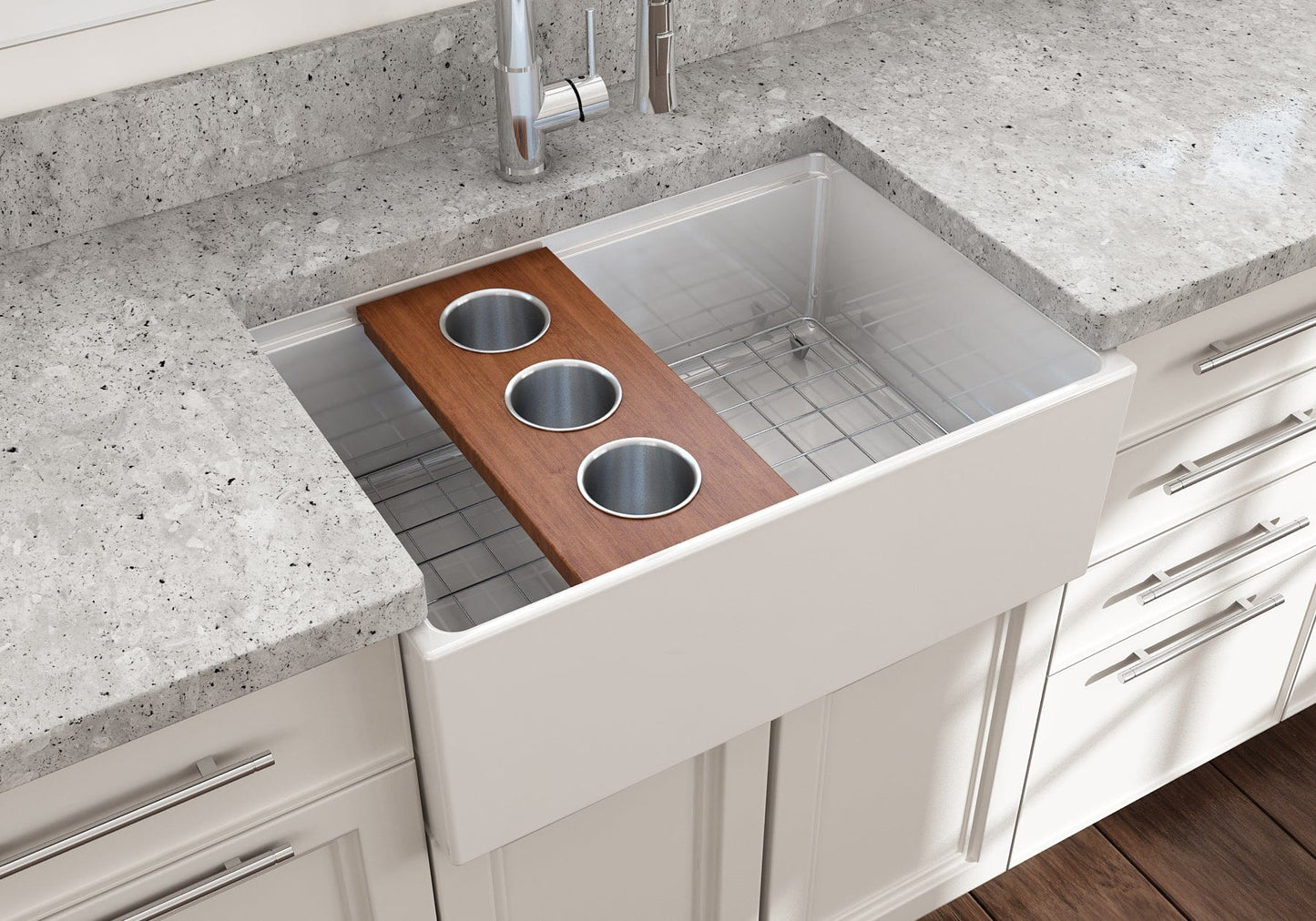 BOCCHI Prep Board Set for Workstation Sinks with 3 Round Stainless Steel Bowls 2320 0011 displayed in a modern kitchen sink.