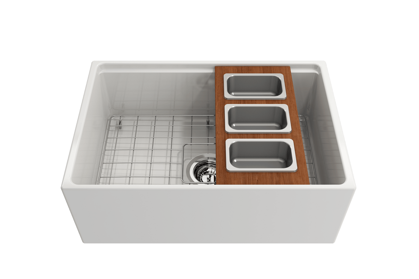 Bocchi Wood Board for Workstation Sinks - with 3 Rectangular Stainless Steel Bowls - 2320 0013 in a kitchen sink setup.