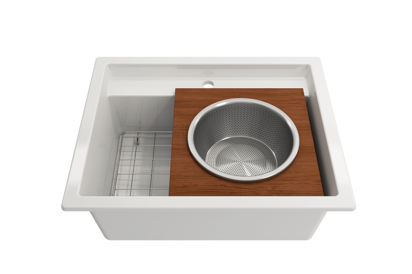 BOCCHI Wood Board with Large Stainless Steel Mixing Bowl & Colander - 2320 0014 placed in a kitchen sink.