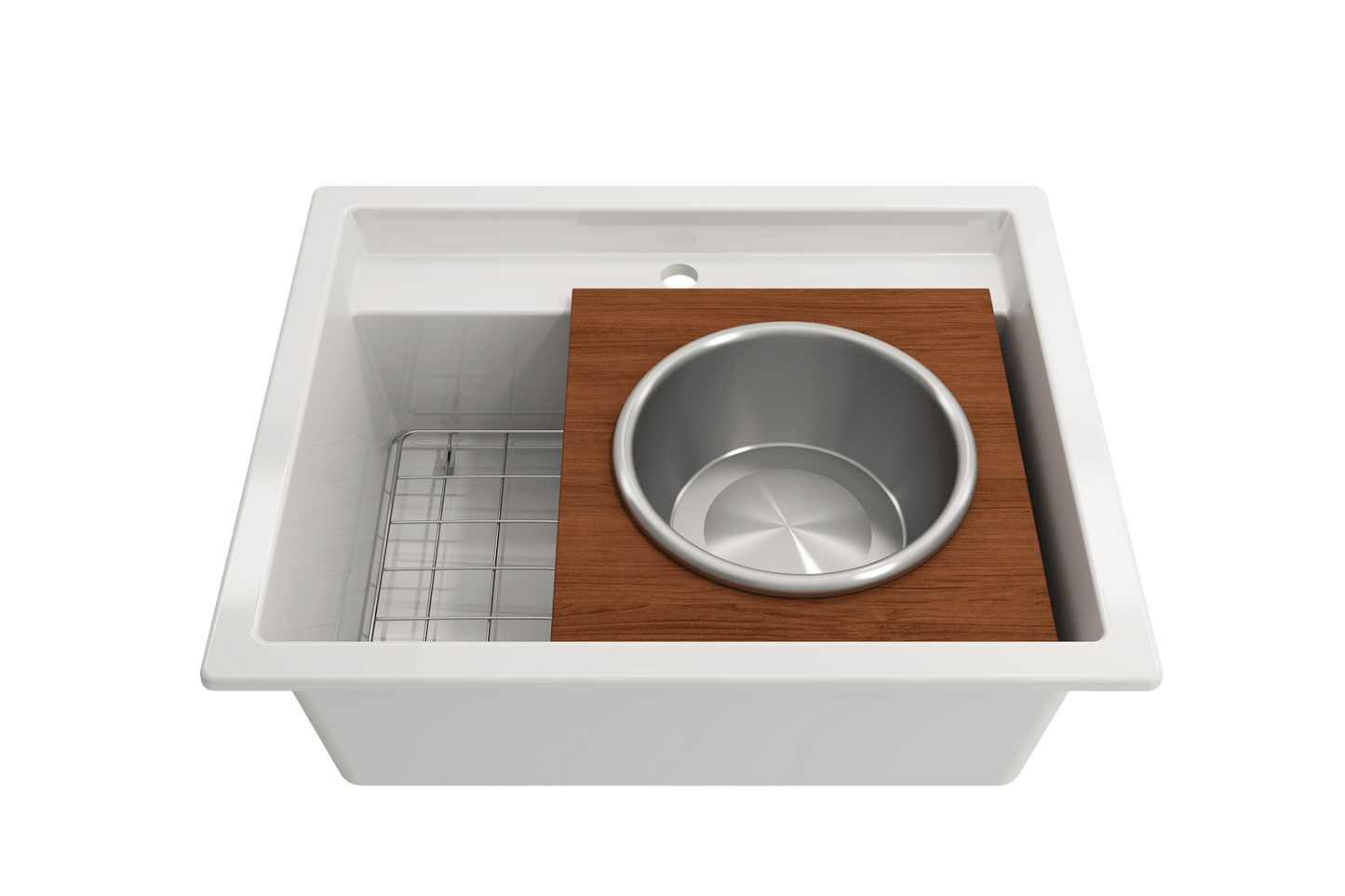 BOCCHI Wood Board with Large Stainless Steel Mixing Bowl & Colander - 2320 0014 in a compact workstation sink.