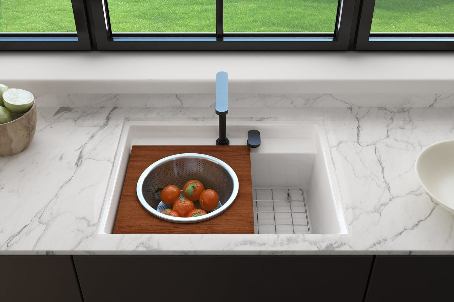 BOCCHI Wood Board with Large Stainless Steel Mixing Bowl & Colander - 2320 0014 in modern kitchen sink with vegetables.