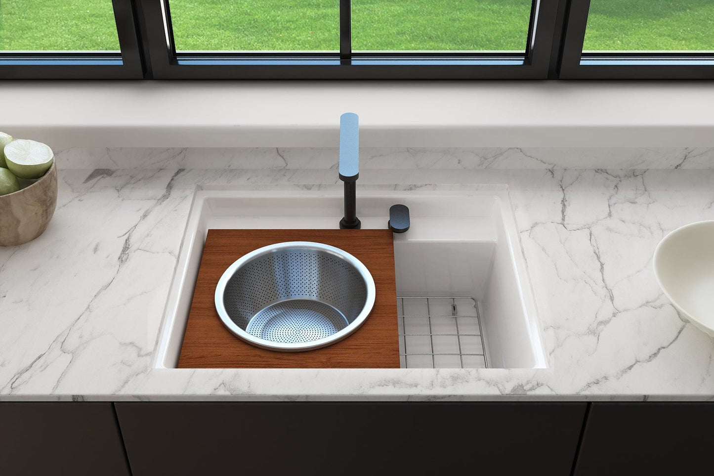 BOCCHI Wood Board with Large Stainless Steel Mixing Bowl & Colander - 2320 0014 in a modern kitchen sink.