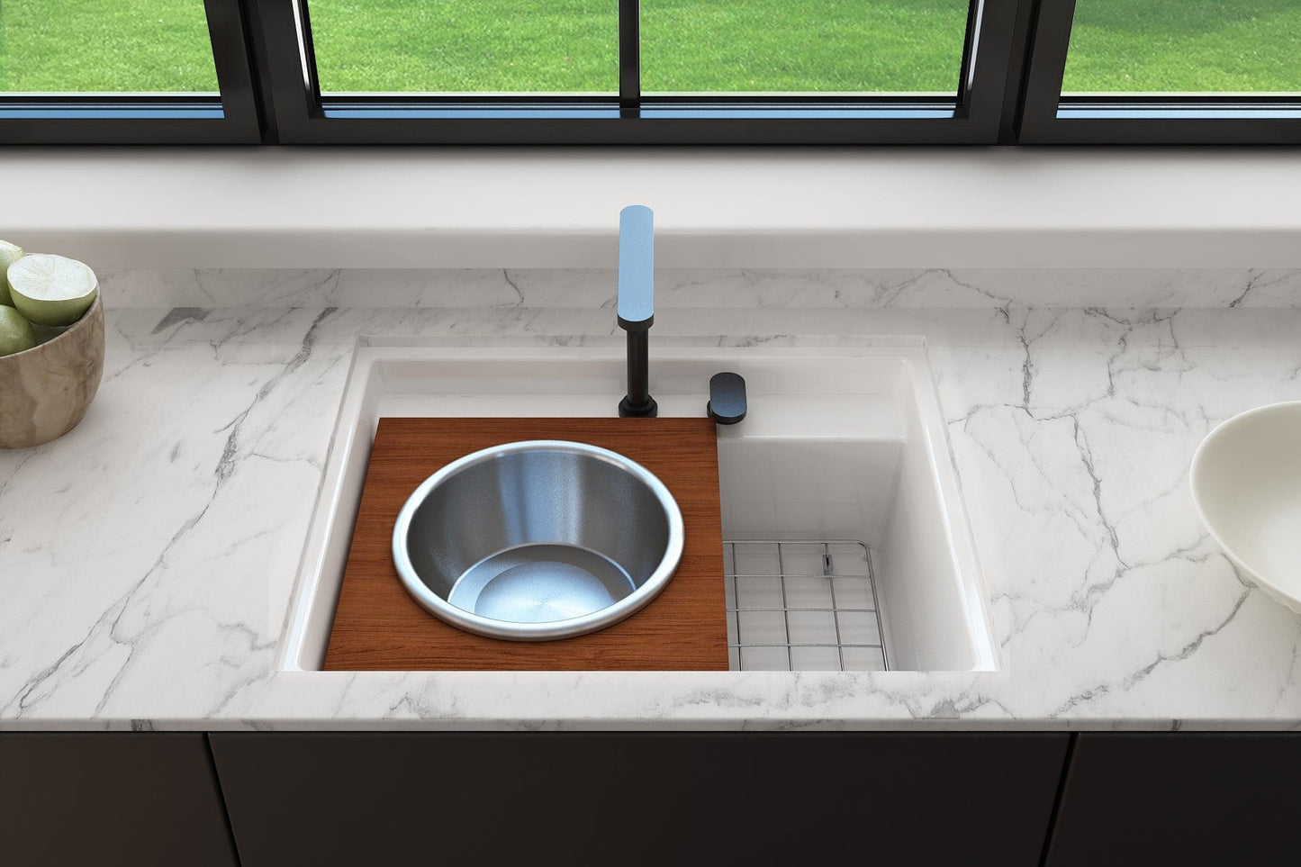 BOCCHI Wood Board with Large Stainless Steel Mixing Bowl & Colander - 2320 0014 installed in a kitchen sink.