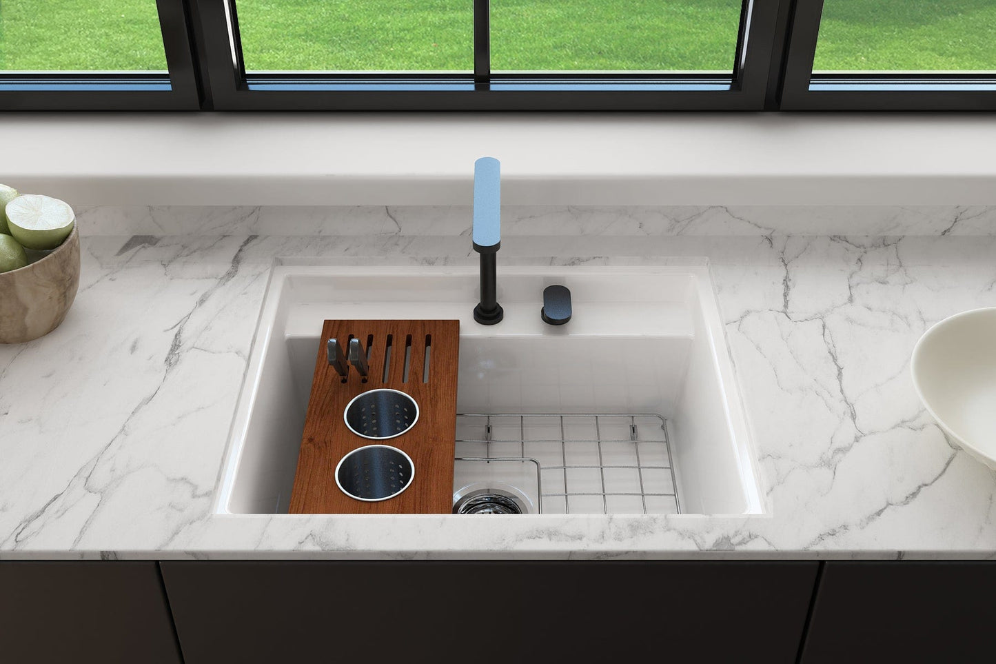BOCCHI Workstation Prep Board Set - 2 Round Stainless Steel Colanders & Knife Holder 2320 0008 displayed in modern sink.