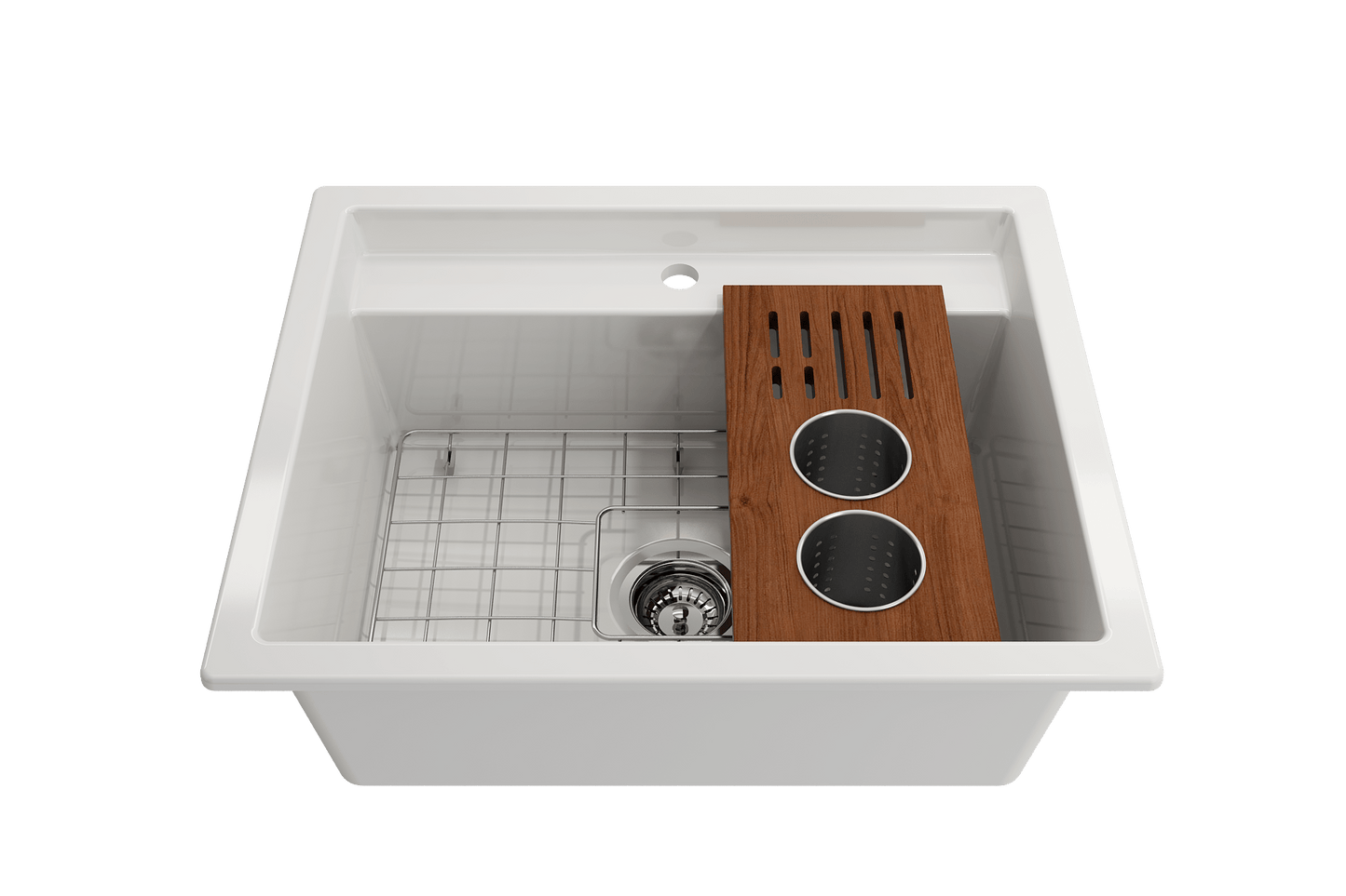 BOCCHI Workstation Prep Board Set - 2 Round Stainless Steel Colanders & Knife Holder 2320 0008 installed in a kitchen sink.