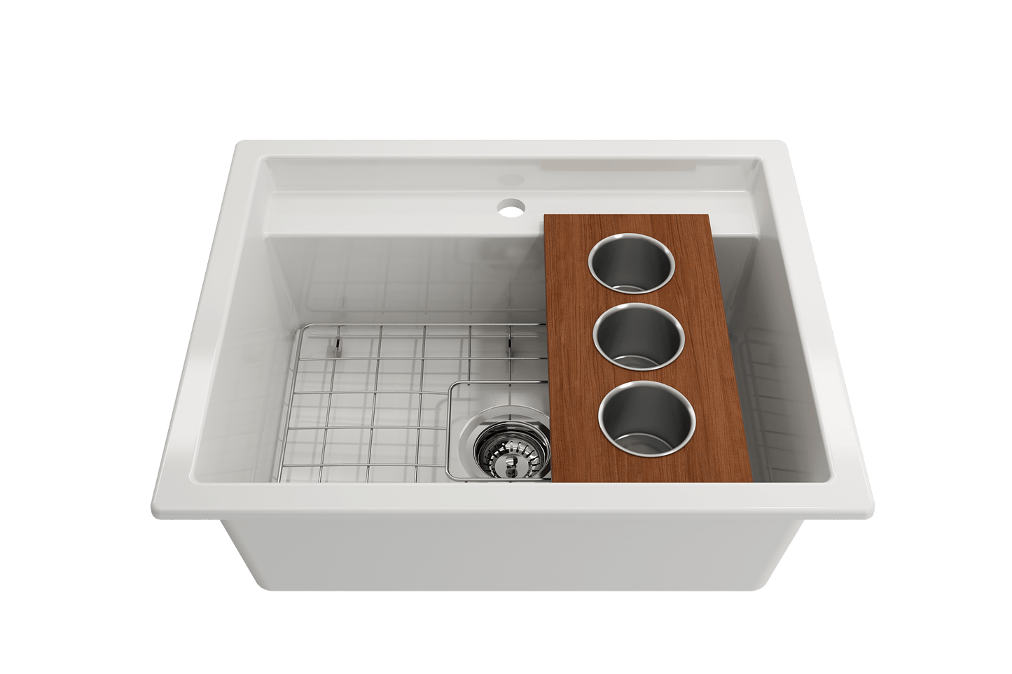 BOCCHI Workstation Prep Board Set - 3 Round Stainless Steel Bowls - 2330 0010 with three bowls and wooden attachment in sink.