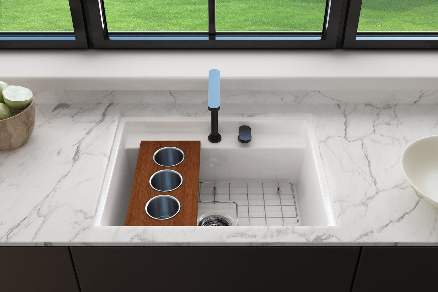 BOCCHI Workstation Prep Board Set - 3 Round Stainless Steel Bowls - 2330 0010 displayed in a stylish kitchen sink.