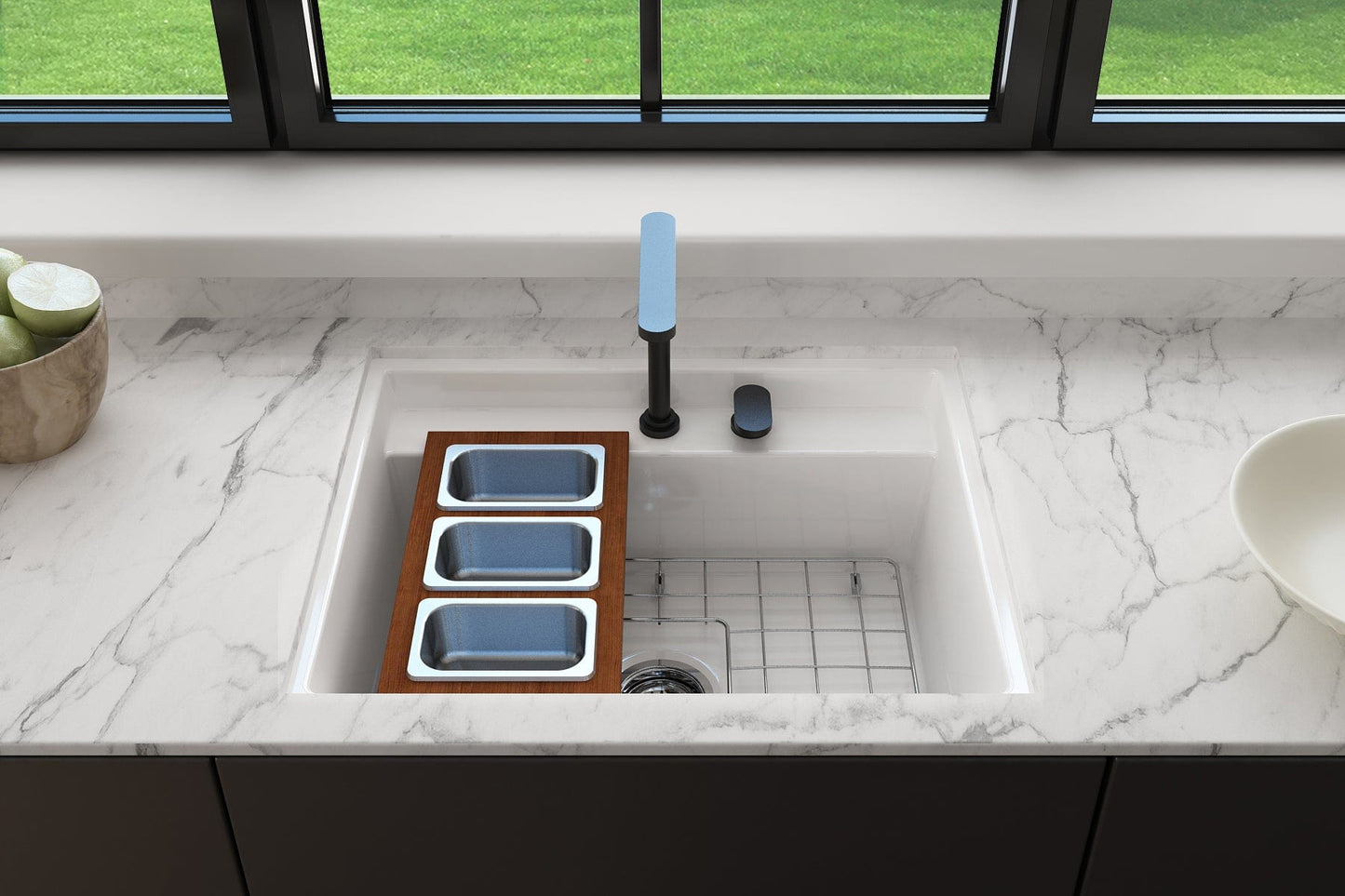 Bocchi Wood Board for Workstation Sinks - with 3 Rectangular SS Bowls - 2320 0012 in a modern sink setting.