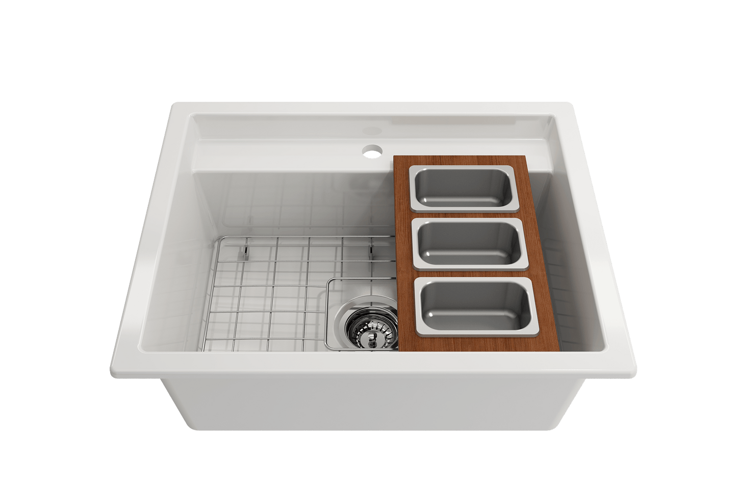 Bocchi Wood Board for Workstation Sinks - with 3 Rectangular SS Bowls - 2320 0012 arranged over a sink.