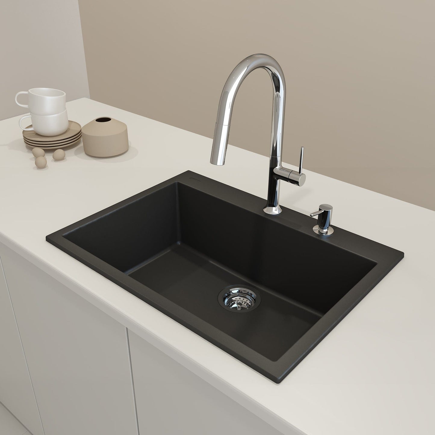 BOCCHI CAMPINO UNO 27" Dual-Mount Single Bowl Granite Composite Kitchen Sink in a modern kitchen setting.